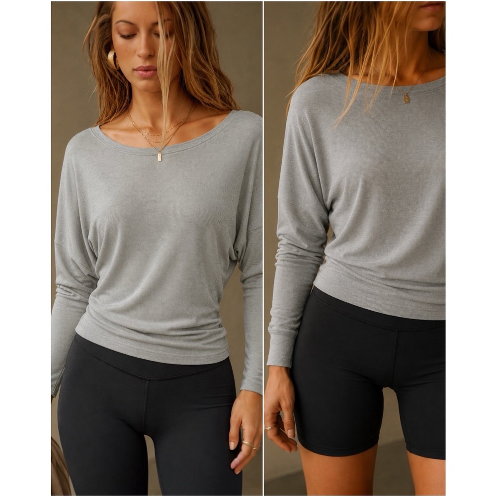 Joah Brown Dolman Ribbed Long Sleeve Top Gray One Size Made in USA